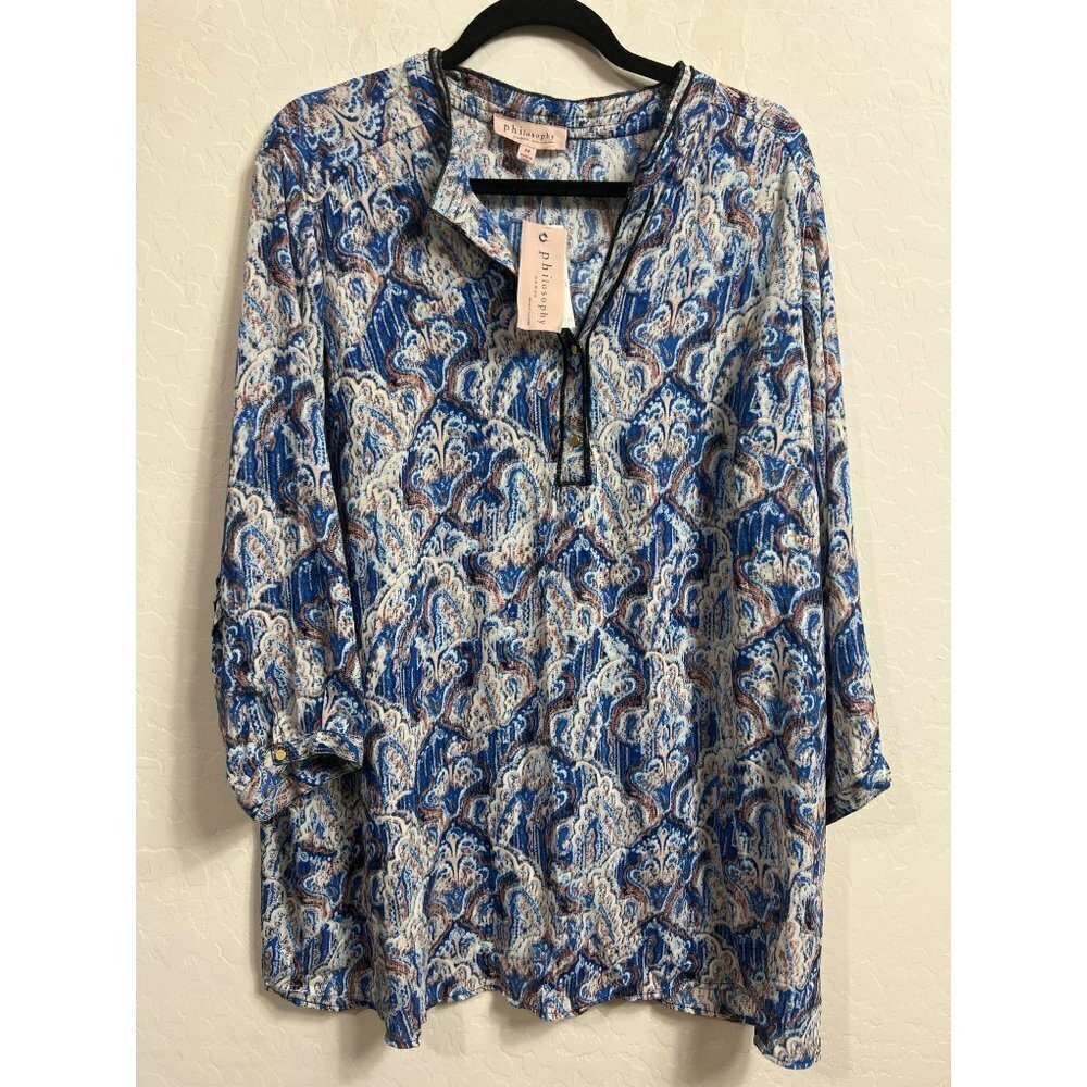 Philosophy Woman 2x Blouse NWT Blue Pastel Watercolor Print Longline Blouse